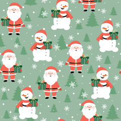Seamless pattern with cute snowman, Santa claus, christmas tree and snowflakes. Vector flat design for wrapper, fabric, wallpaper.