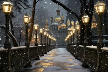 Poster Beautiful winter landscape in the city,  Bridge over the river © Nam