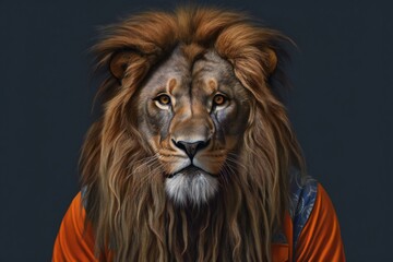 Portrait of a lion in an orange jacket on a dark background
