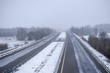 view of the a-52 highway after a snowstorm. A Limia, Ourense. Spain