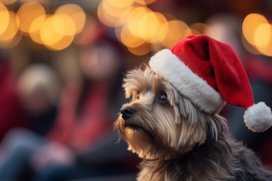 Photo of a dog with Santa Claus hat on a market
