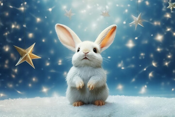 cute bunny on snow, Merry Christmas greeting card. Generative Ai