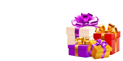 Festive illustration with several colored gift boxes with ribbons and bows on white background