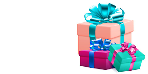 Festive illustration with three colored gift boxes with ribbons and bows on white background