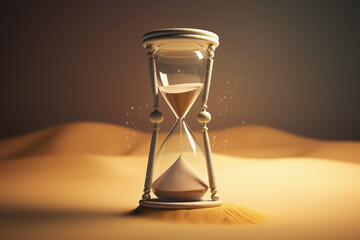 Hourglass clock on sand of desert. Generative Ai - obrazy, fototapety, plakaty
