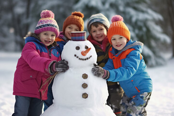 Fototapeta na wymiar kids make a snowman, winter background. Generative Ai