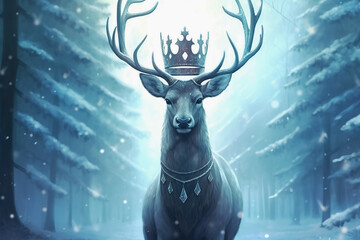 winter deer with crown, merry christmas concept. Generative Ai