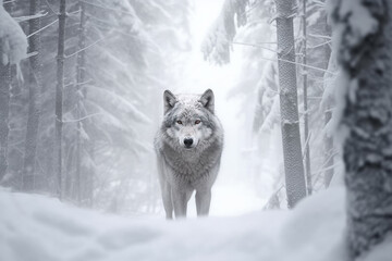 Wild wolf in winter forest. Generative Ai