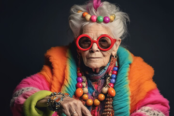 funny cool senior woman with fashionable clothes, youthful grandmother with extravagant style. Generative Ai