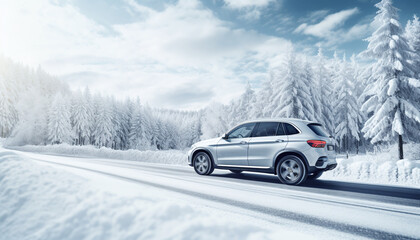 Fototapeta na wymiar SUV Cruising on Snow Covered Highway with Slush and Falling Snow