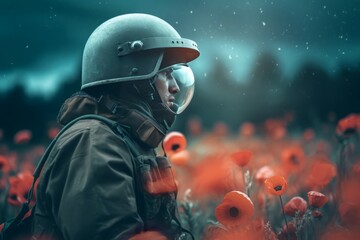 Soldier uniform in poppy field at morning. Works warrior army military guard. Generate Ai - obrazy, fototapety, plakaty