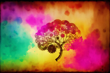 Obraz na płótnie Canvas A watercolor painting of a tree with a rainbow on it. A colorful painting of a brain. Watercolor paint. Digital art, Generative AI
