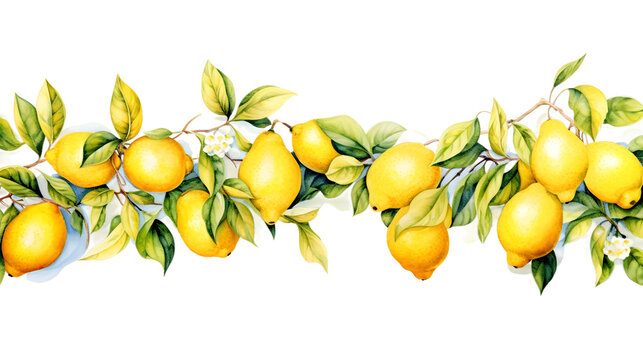A vibrant border of juicy lemons, watercolor on white background, intricate details of the citrus texture and the verdant foliage.