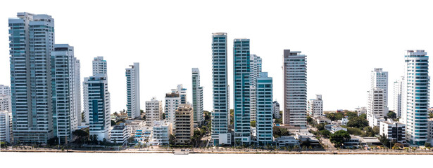  Aerial panoramic view of the Bocagrande district island skyscrapers Cartagena Colombia on isolated png background