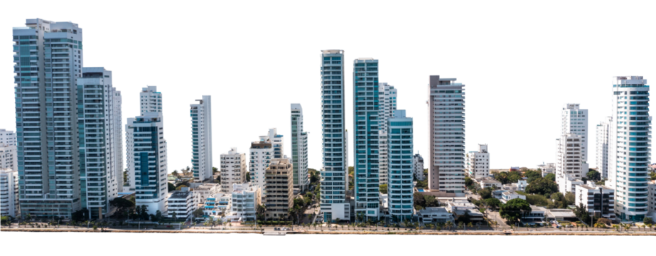  Aerial panoramic view of the Bocagrande district island skyscrapers Cartagena Colombia on isolated png background