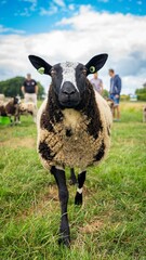 Vertical closeup shot of a cute fluffy sheep with tags on its ears