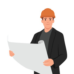 Young architect builder studying layout plan of the rooms, serious civil engineer working with documents on construction site. Flat vector illustration isolated on white background