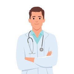 Male doctors in white medical coats standing with arms folded. Flat vector illustration isolated on white background