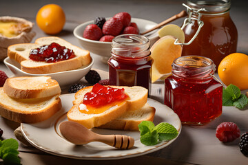 Arrangement of various types of jam and honey with a small plate of toast in front - obrazy, fototapety, plakaty