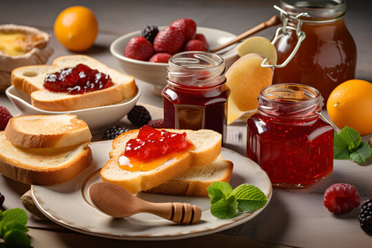 Arrangement of various types of jam and honey with a small plate of toast in front