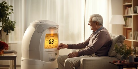 futuristic medical concept nurse taking care robot is helping look after old mature senior male man stay at home healthy ideas concept - obrazy, fototapety, plakaty