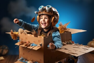 child boy play as a pilot while controling paprt cardbox airplane handmade aircraft playing cun cosplay costume casual relax playrole of a happiness child boy lifestyle - Powered by Adobe