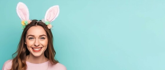 Obraz na płótnie Canvas Smiling woman bunny ears banner. Easter adult cute rabbit model. Generate Ai