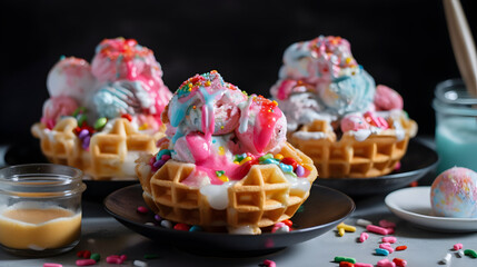 Cotton candy sundae in waffle bowls, garnished with sprinkles and syrup, cookbook menu recipe, generative ai