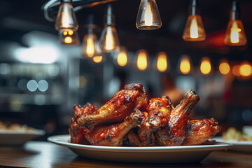 Close up of grilled chicken wings on plate in background of dark modern restaurant.  Meal concept of food and cooking. - obrazy, fototapety, plakaty