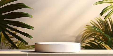 white round podium stage product sample display template showcase with tree leaf sun shade make shadow on the wall product exhibition background