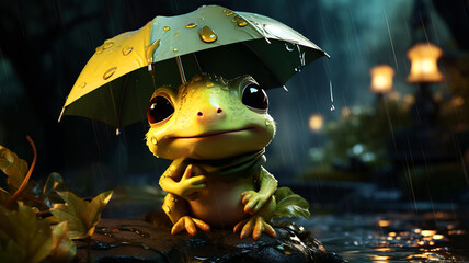 Cute frog holding an umbrella in the rain - obrazy, fototapety, plakaty