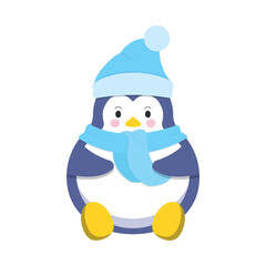 Cute cartoon penguin in a hat and scarf on a white background