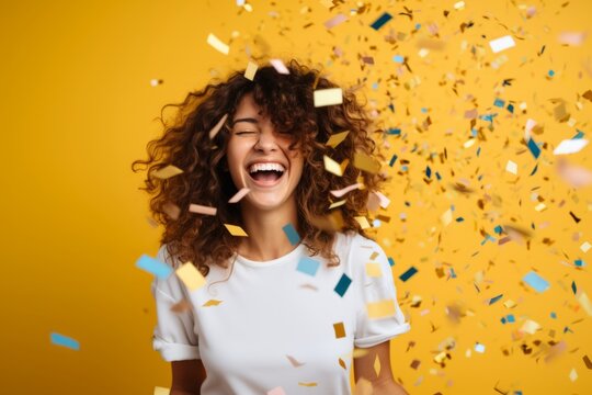 amazed surprising greeting cheerful young adult smiling laug happiness female woman emjoy big exited celebrate with confetti papershoot studio shot on color background portrait shooting