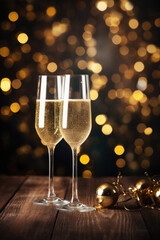 Glasses of champagne on bokeh background. New Year celebration.