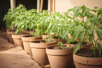 Green pepper plants in clay pots on a sunny day, generative ai