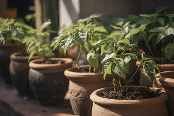 Green pepper plants in clay pots on a sunny day, generative ai