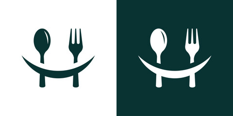logo design combining a smile with a spoon and fork for food design. - obrazy, fototapety, plakaty