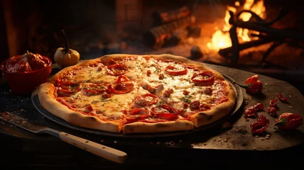 Foto op Plexiglas pizza with ham, mushroom, cheese and tomato sauce on a wooden table with pizza ingredients. © Aghavni