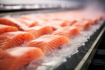 Efficient Conveyor Belt in a Fish Processing Factory with Fresh Salmon Lined Up for Processing - obrazy, fototapety, plakaty