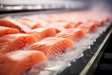 Fotobehang Efficient Conveyor Belt in a Fish Processing Factory with Fresh Salmon Lined Up for Processing © Supermint