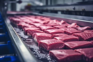 Foto op Plexiglas Efficient Conveyor Belt in a Fish Processing Factory with Fresh tuna Lined Up for Processing © Supermint