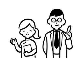 案内をする医師と看護師の上半身がうつるシンプルなモノクロームのイラスト