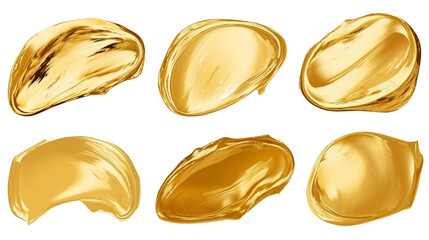 Artistic brushstrokes of gold paint isolated on a white background. Gold paint texture. - obrazy, fototapety, plakaty