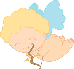 Сute little angel with bow and arrow in hands. Vector colorful illustration for card, poster or banner