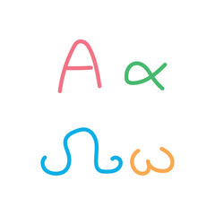 Alpha and omega greek alphabet letters. Small and capital alpha and omega. Scientific doodle handwriting concept.