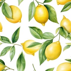 Seamless pattern of fresh and ripe yellow lemons and green leaves on white background, watercolor style