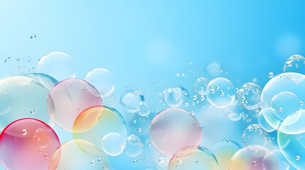 Colorful pink and blue abstract background with floating transparent soap bubbles - Powered by Adobe