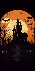 Haunted Castle Silhouette Against Full Moon, Spooky Halloween Night Scene