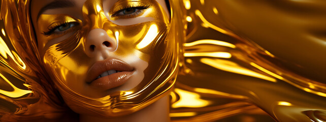 Closeup beauty portrait of a young woman, skin covered with liquid dripping gold facial mask