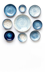 Composition of empty ceramic plates. Flat lay, top view